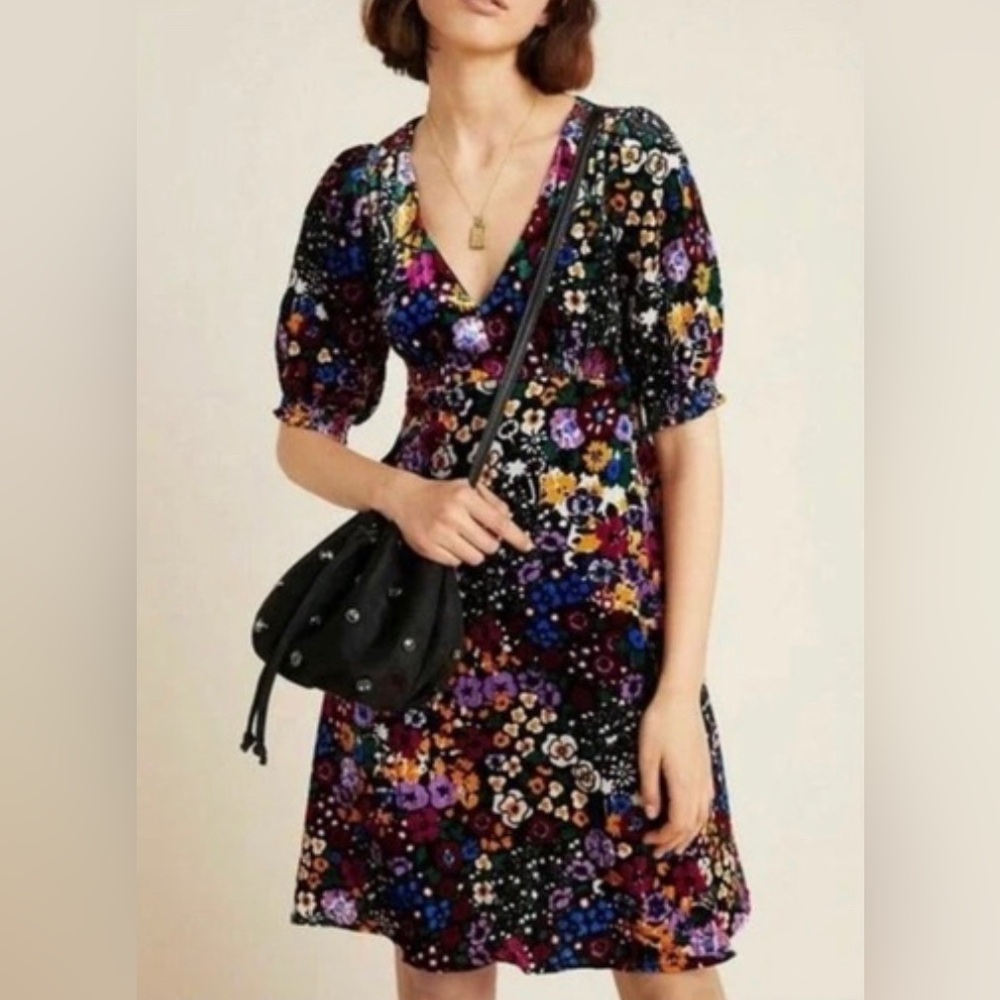 Anthropologie Multicolor Floral Asymmetrical V-Neck Dress